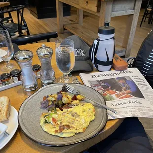 a plate of food and a newspaper