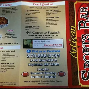 Artisan Sports Bar Menu Daily Specials Posted In House