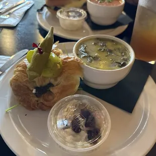 Eggplant tempura with Onion date chutney and sausage, potato, kale soup