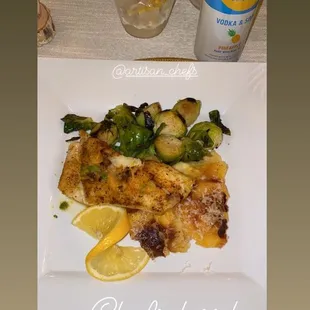 Halibut, Brussel sprouts, potatoes au gratin.