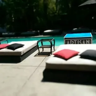 Looking out at the pool from our free cabana.