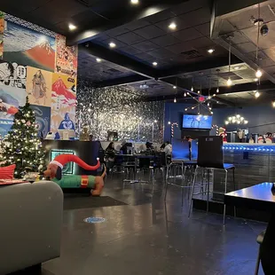 a christmas tree in a restaurant