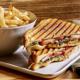 a grilled sandwich and a bowl of fries