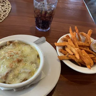 French onion soup, and Sun fries