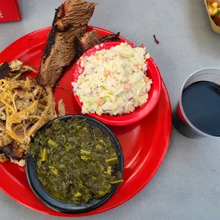 2 Meat Combo: Brisket &amp; Pulled Pork w/ Coleslaw &amp; Collard Greens, and my glass of cabernet!  Enjoyed every bite (&amp; sip!)!