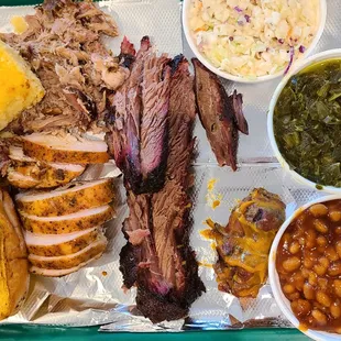 New Papa's Special - cornbread, garlic toast, pulled pork, sliced smoked chicken, brisket, moinks, cole slaw, collard greens and baked beans