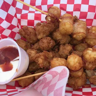 Popcorn chicken with bacon tots