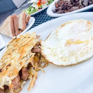 Chicken teriyaki and onions in a hashbrown sandwich with cheese! Beef bulgogi!