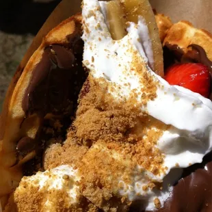 Strawberry banana Nutella whipped cream &amp; graham cracker crumbs @waffleAwesome at Festival of the Arts