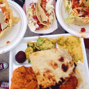 Indian combo plate, fish tacos and taco salad!