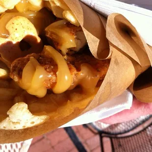 Wafflewich Chicken &amp; waffle with honey &amp; chipotle sauce /. Bad picture delicious food at Festival of the Arts