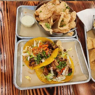 a variety of tacoss and chips