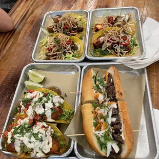 Banhmi, pork belly tacos, Baja fish tacos