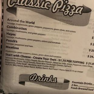 a menu for classic pizza