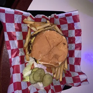 a hamburger and french fries