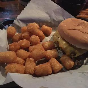 Hogburger with American cheese and tots