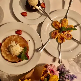 Arturo Dessert Trinity: (from top clockwise) Flourless chocolate cake with vanilla ice cream, creme brûlée spoons, and apple puff pastry