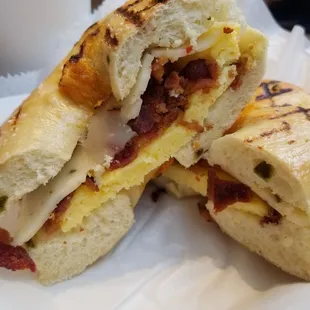 The Arturo Special breakfast sandwich: bacon, scrambled egg, and pepper pepperjack cheese on a steamed jalapeno bagel. Delicious!
