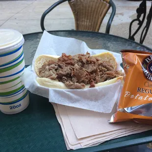 Beef Sandwich chips and soda; lunch special