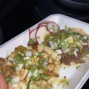 Delicious tacos de pollo y lengua. Chicken taco and beef tongue taco!