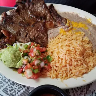 Carne asada, beans and rice