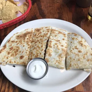 a plate of quesadillas and chips
