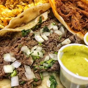 Chorizo &amp; egg, Barbacoa, and Shredded beef tacos!