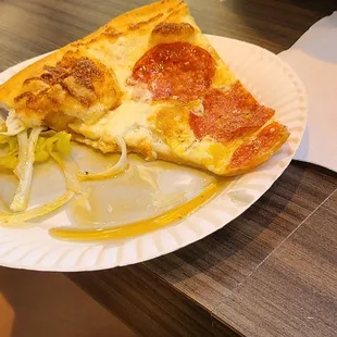 a slice of pizza on a paper plate