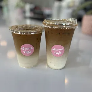 Left - Piloncillo latte Right - Salted Pestacshu latte