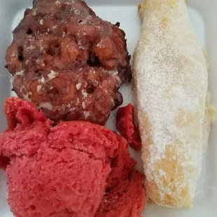 Top left: The everything fritter. Right: Cream Cheese pastry. Bottom left: Strawberry Muffin.