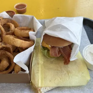 Onion rings, bacon cheese burger, quesadilla. Truly, this is the breakfast of champions.