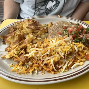 Eggs beans and chorizo with pico de gallo