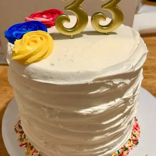 a birthday cake with candles and sprinkles