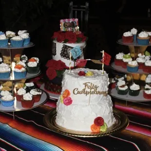 Cake (front) and cupcakes