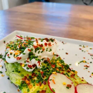 Avocado OFS Avocado, Radishes, Chives, Veganaise, Finishing Sea Salt with Poached Egg