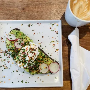 AVOCADO Avocado, Radishes, Chives, Veganaise, Sea Salt, Crushed Red Pepper Add Pasture Raised Poached Egg