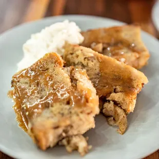 Banana Bread Pudding ($12) Rum, vanilla, cinnamon, brandy caramel glaze, whip
 (allow 20 minutes)