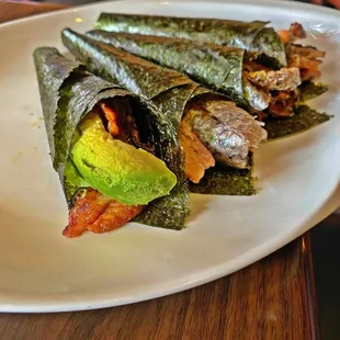 Salmon Skin Handrolls &amp; an Unagi and Avocado Handroll - all with no rice and no sauce