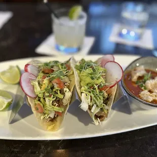 Carnitas tacos with charro beans