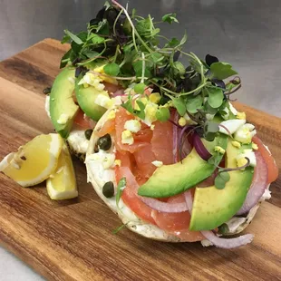 SMOKED SALMON TOAST - cream cheese | tomato | shaved onion chopped egg | caper | avocado | bagel