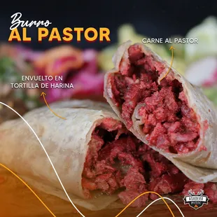 )Big flour tortilla filled with carne pastor (marinated pork)