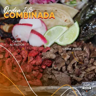 2 lbs order of grilled meat (carne asada and pastor), served with 15 tortillas, beans, and your choice of toppings