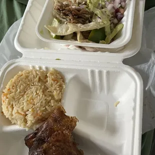 a meal in a styrofoam container