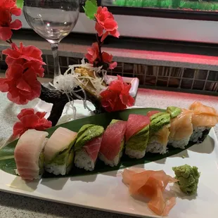 Rainbow roll and my empty glass of Woodbridge Cab.