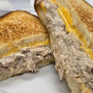 Tuna melt with extra cheese.