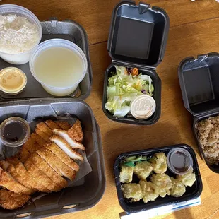 Chicken Katsu- came with white rice, clear soup and salad. Philadelphia roll (deep fried in tempura)- with a side of fried rice.