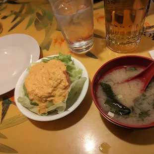 Miso soup and ginger dressing salad