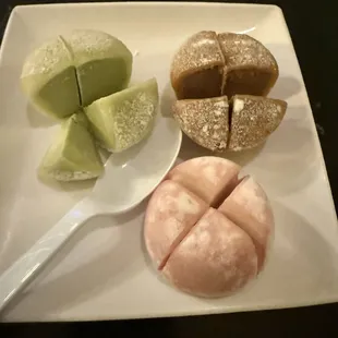 Mochi green tea, red bean, and strawberry