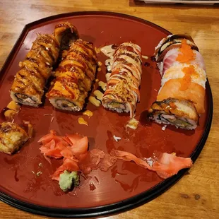 Golden Philly roll, ninja roll, crazy crab roll, Asahi #2