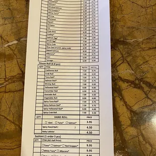 Sushi menu